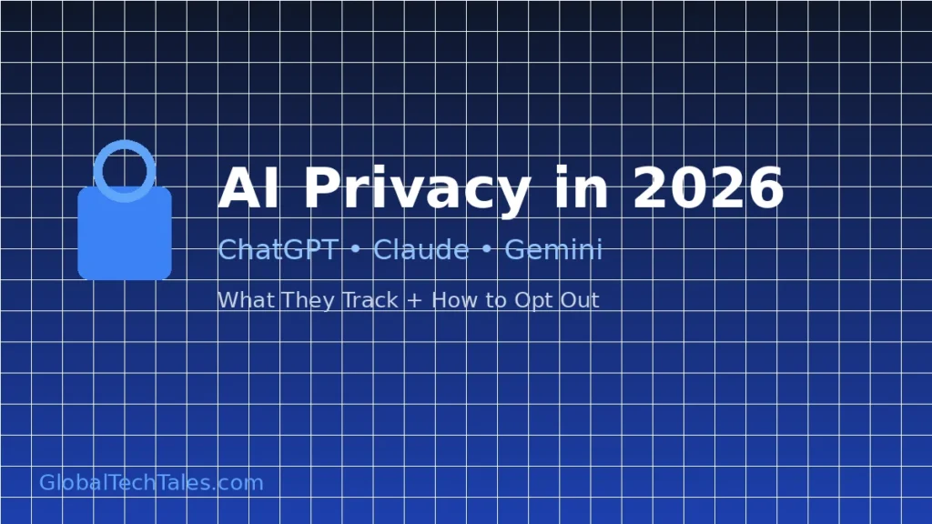 Infographic showing AI privacy comparison for ChatGPT Claude Gemini in 2026 with lock icon and GlobalTechTales branding