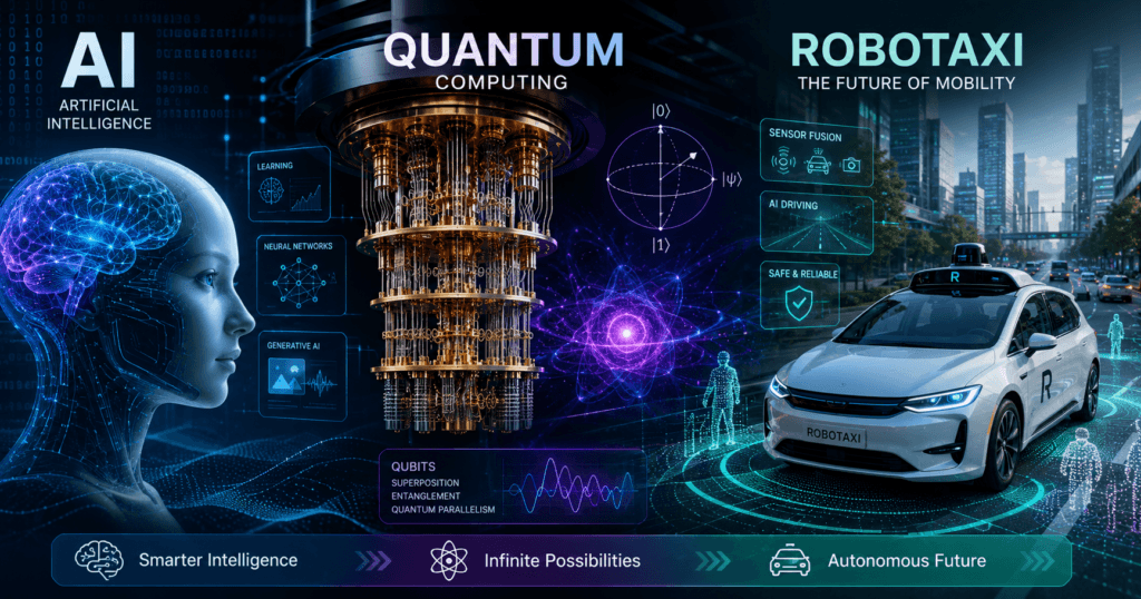 Collage showing AI brain, IBM quantum computer, and Tesla robotaxi representing top tech news for May 6 2026