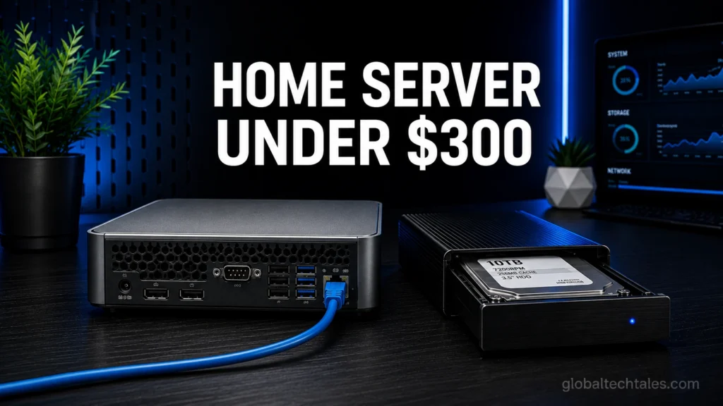 A compact low-power refurbished enterprise mini PC connected to an external 3.5-inch hard drive enclosure on a dark desk for a budget home server build.