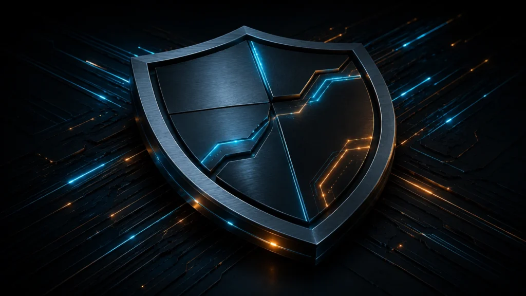 how vpn works simple. A sleek, minimal 3D geometric shield made of dark brushed metal with sharp neon blue and amber light paths on an ultra-dark background, serving as the featured image for a technical guide explaining how a VPN works.