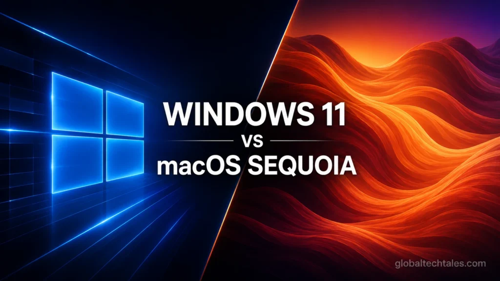 Windows 11 vs macOS Sequoia side-by-side split screen performance speed test comparison.