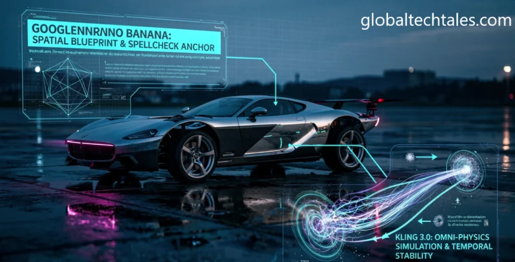 Cinematic featured image showing the step-by-step workflow to chain Google Nano Banana and Kling 3.0 for physics-aware AI video production, watermarked for GlobalTechTales.