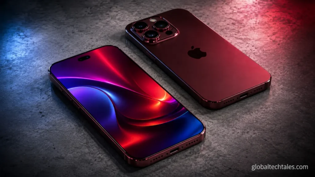 A premium commercial concept reveal of the iphone 18 everything we know so far flagship smartphone, showcasing the signature Dark Cherry titanium finish and an edge-to-edge display layout.