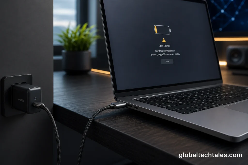 Why Your Laptop is Charging Slowly on USB-C? 4 Harmful Effects on Battery 2 Laptop screen displaying a flashing amber low battery sign, illustrating why your laptop is charging slowly on USB-C when paired with an underpowered smartphone brick.