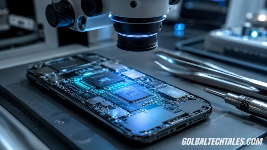 Step-by-step laboratory hardware setup to recover photos from broken phone memory banks.