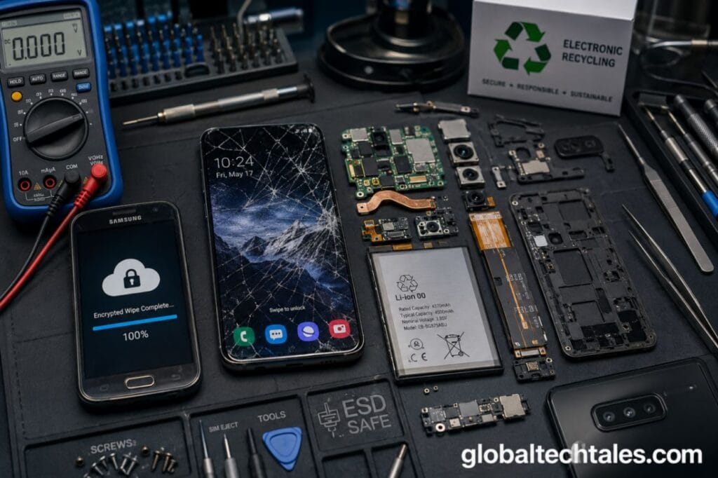 How to Sell Your Broken, Unusable, Obsolete Smartphone Wisely: Avoid Costly Mistakes 2026 2 Overhead view of an engineering workbench displaying a broken phone with a shattered screen, a disassembled unusable logic board, and an obsolete phone executing a secure data wipe.