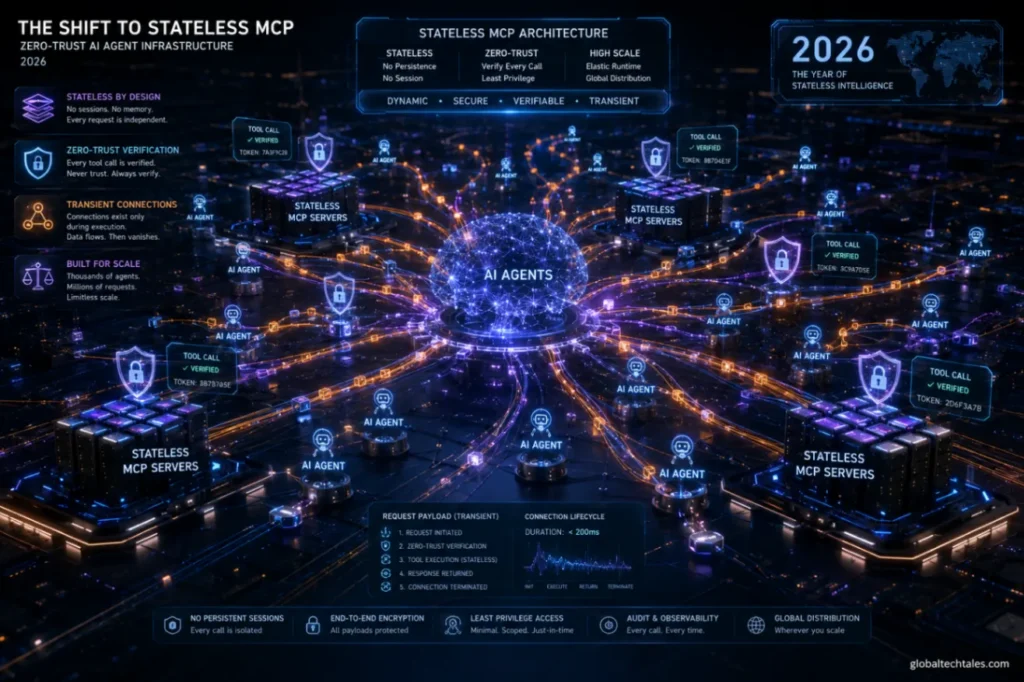 Cinematic featured image visualizing the high-scale Stateless MCP architecture, zero-trust verification boundaries, and distributed AI agent node clusters for a GlobalTechTales technical deep dive.