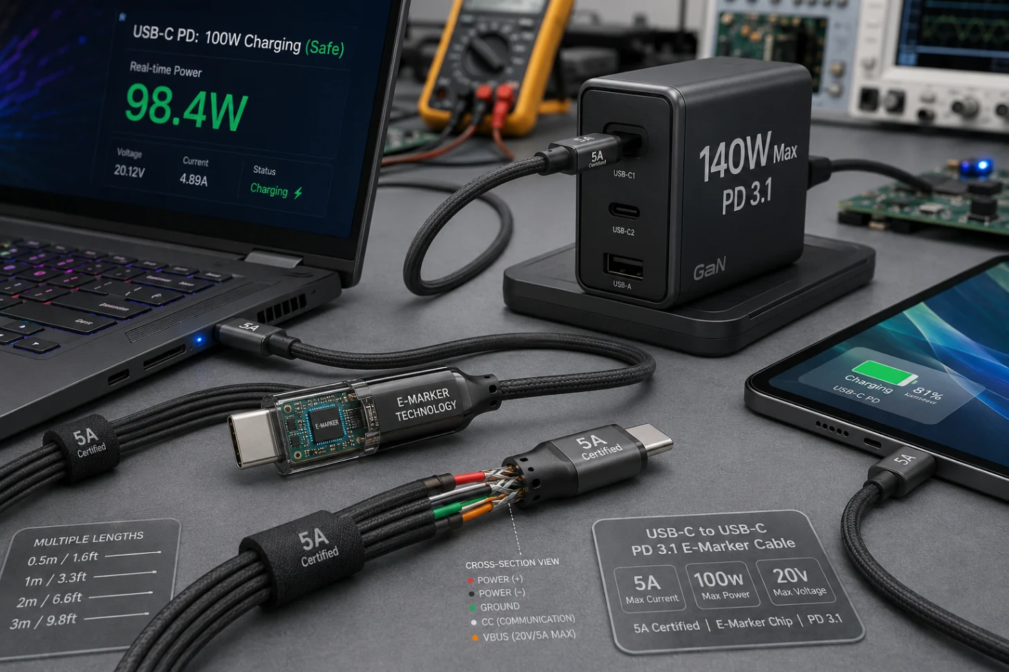 Why Your Laptop is Charging Slowly on USB-C? 4 Harmful Effects on Battery 4 Technical demonstration of various certified 5A USB-C power delivery cables, including a cross-section view and a transparent connector head revealing the E-Marker microchip