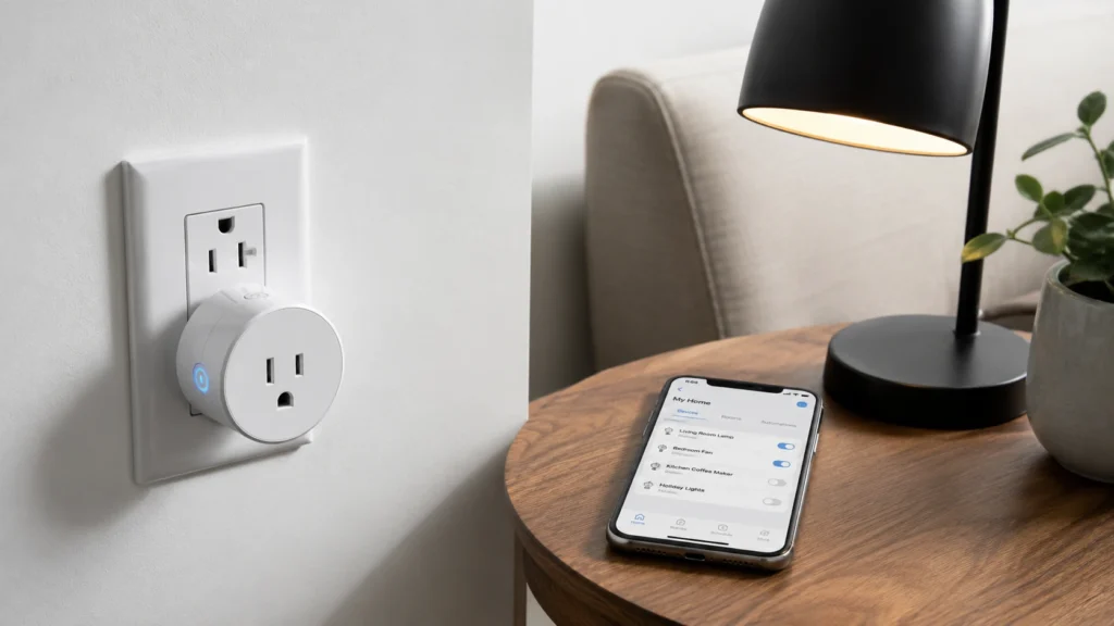 Smart Home on a Budget: 5 Devices Under $25 That Are Actually Useful 5 A modern cheap smart home setup showcasing a sleek smart plug in a wall outlet and a smartphone automation app dashboard.