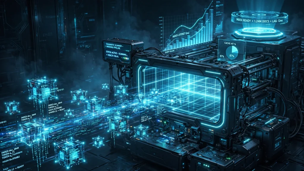 3D visualization of Google content testing pipeline evaluating technical code and search analytics.