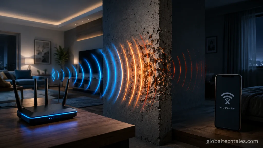 Why Does Wi-Fi Drop in Certain Rooms? (Easy Fixes) 2 A conceptual graphic illustrating why does Wi-Fi drop in certain rooms due to concrete wall attenuation and signal interference.